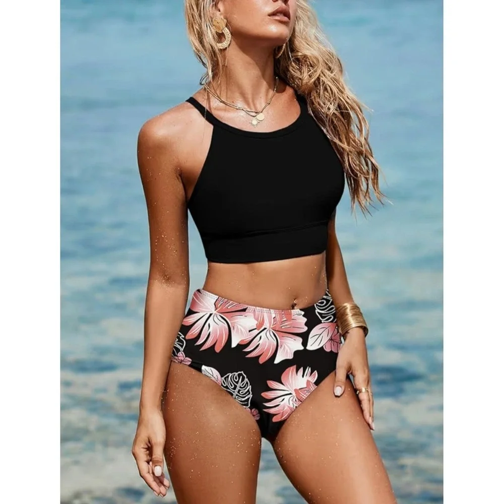 Women Black Tropical‎ Floral High Neck High Waisted Bikini Set Size L